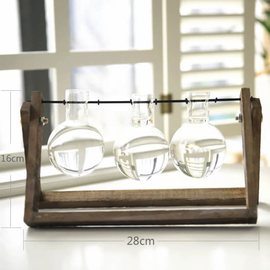 Hot Selling Modern Geometric Glass Vase with Wooden Frame for Home Decor & Outdoor Space Water Planting Table for Flowers