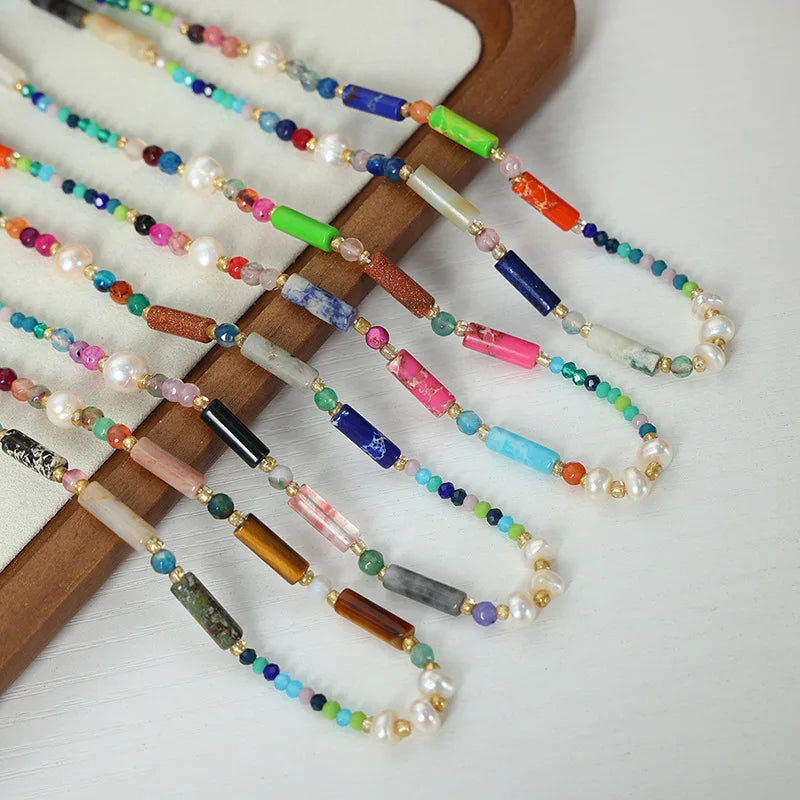 Bohemian Fashion Jewelry Gold Plated Stainless Steel Necklace Freshwater Pearl Multicolor Natural Stone Handmade Beaded Necklace