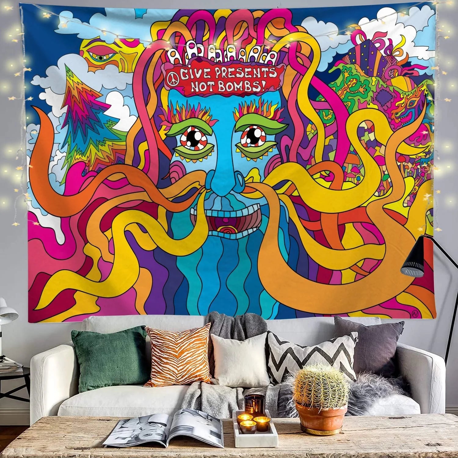 Unique Interesting Vibrant Bright Colorful Psychedelic Hippie Indoor Outdoor Dorm Classroom Office Decoration Reusable Tapestry