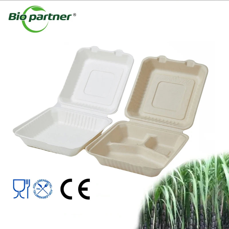 Natural Sugarcane Bagasse Clamshell Disposable Food Container Box Sushi Hamburger Burger Noodle Takeout Compostable Customizable