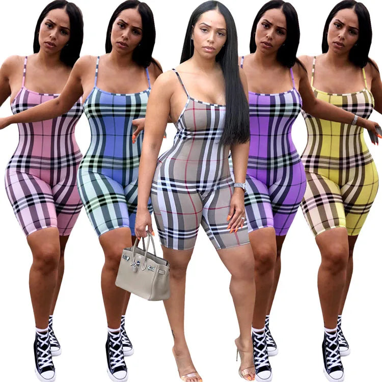 One Piece Undershirt Supermodel Urban Style Sling Plaid Print Casual 5 Colors Women Jumpsuits Bodysuits