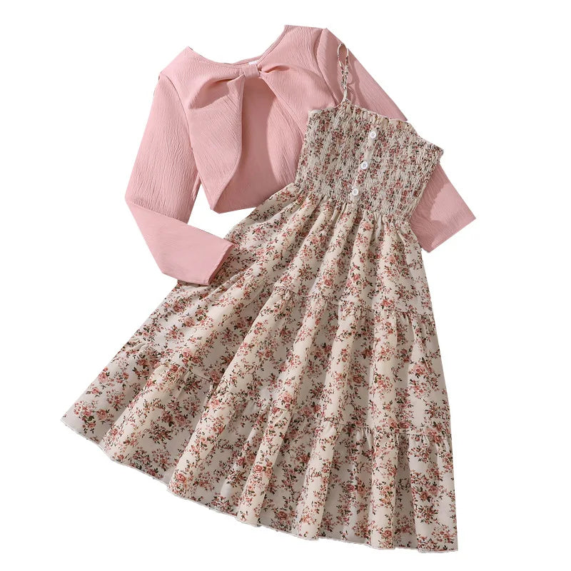 Girl Fly Sleeve Top Leaf Print Long Dress Set