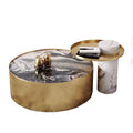 Modern Coffee Table Set of 2 Pieces Gold Metal Stainless Steel Base Round Marble Center Table Living Room Centre Furniture