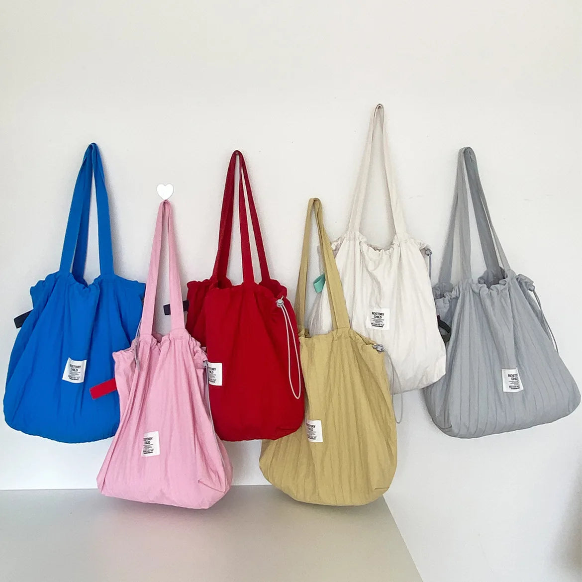 Striped Drawstring Nylon Women's Shoulder Bags Solid Colour Ladies Book Tote Large Capacity Commute Female Handbags