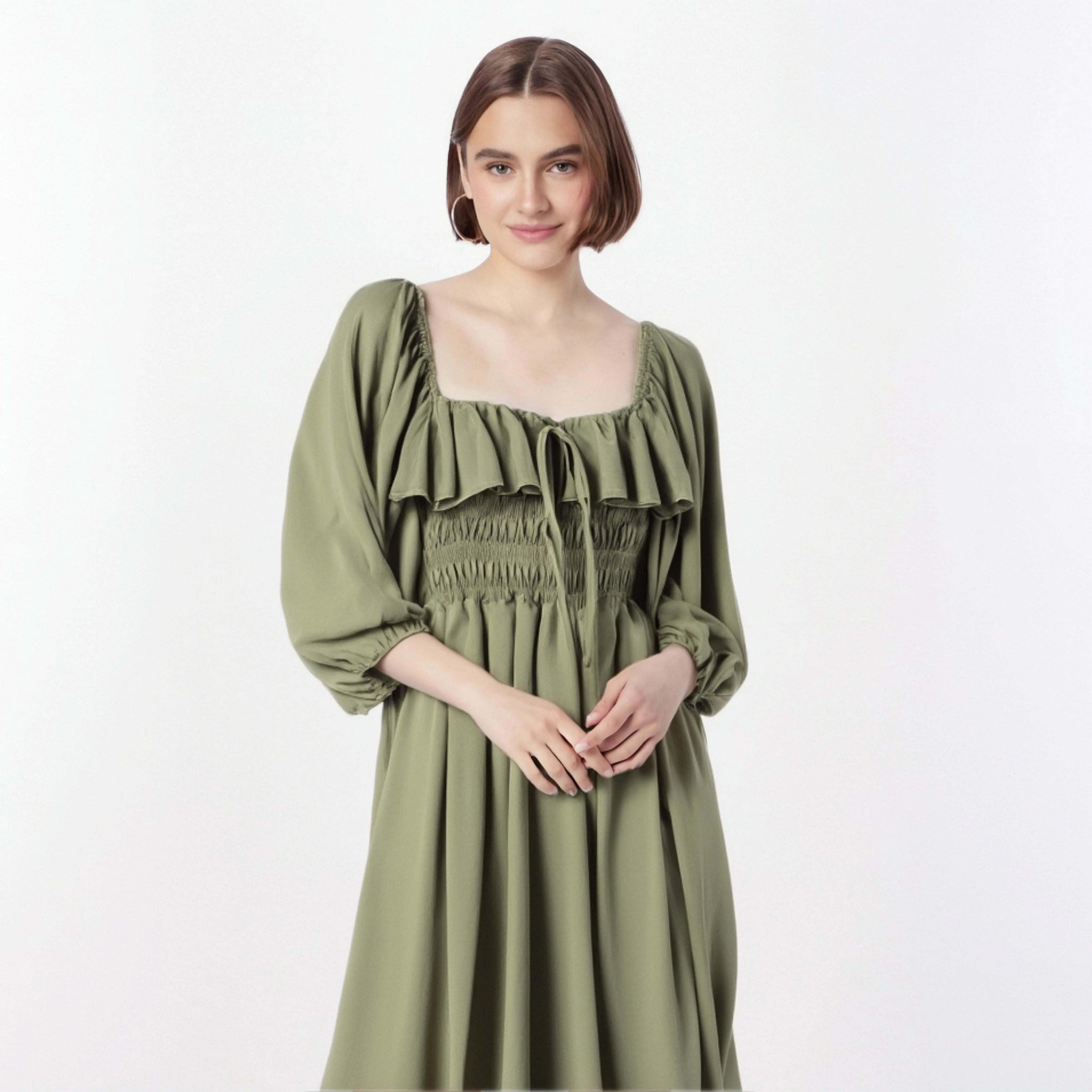Women's Clothing Women's Dress Lady Dress Strap Butterfly Flower Waist Cinching Long Sleeved Casual Linen Dress