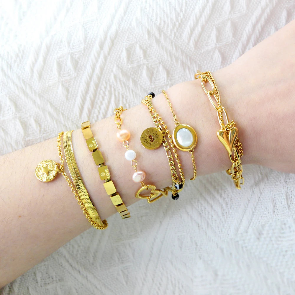 Fashion Wholesale 18K PVD Gold Plated Pearl Bracelet Heart Stainless Steel Bracelets Jewelry Double Layer Bracelet for Women