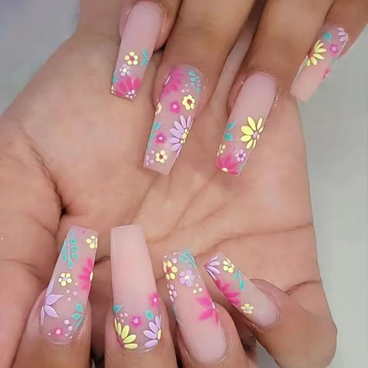 Long Design Colorful Flower French Tip Press on Nails Acrylic Fake Nails Glue File Set Cute Artificial Nails Design