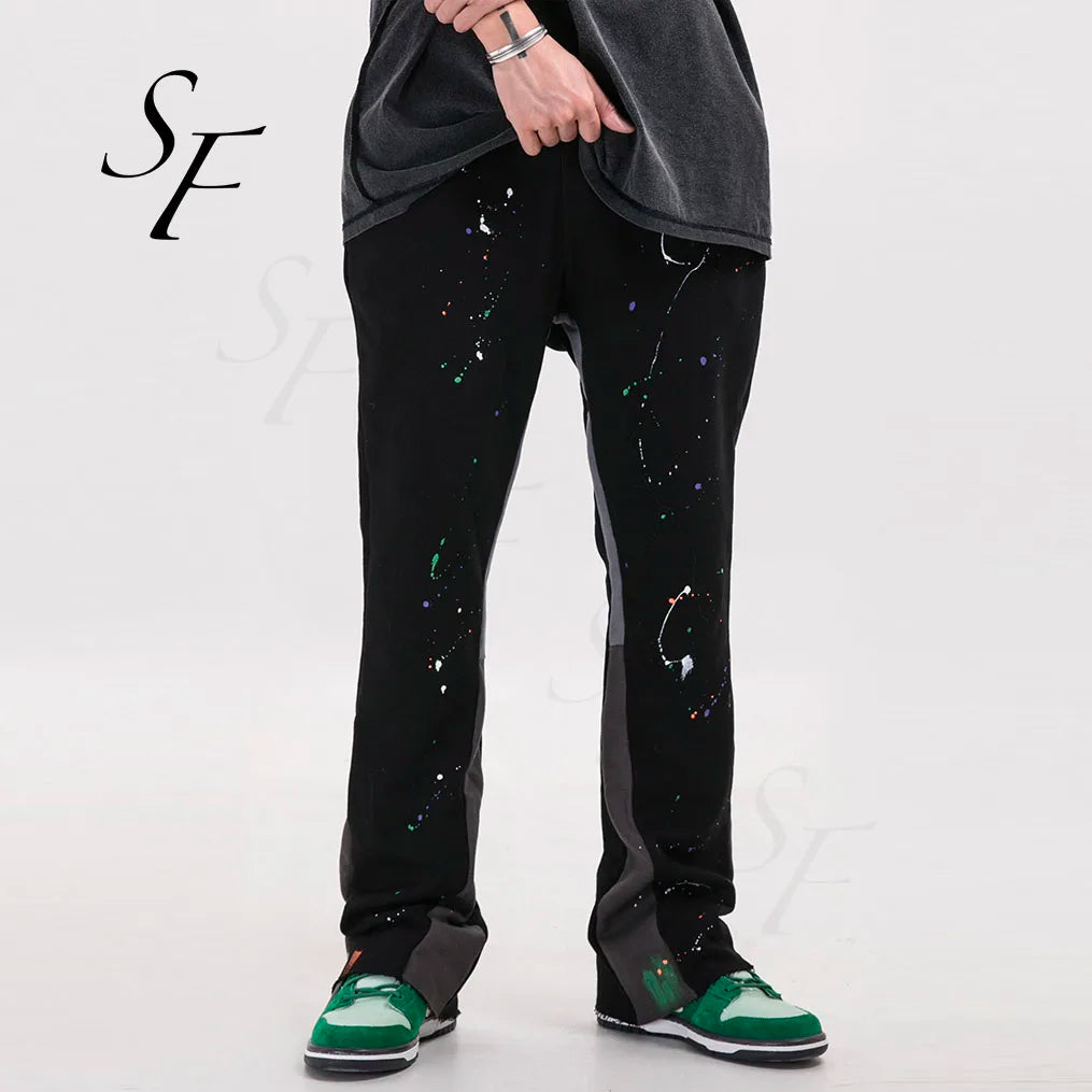 Custom Logo Jogger Ink Graffiti Cotton High Street Wide Leg Hip Pop Trousers Cotton Retro Stacked Flared Sweatpants for Men