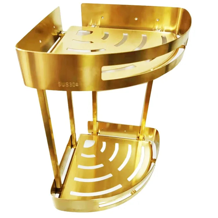 Modern Double Tier Corner Shower Rack Shower Caddy Stainless Steel Iron Brush Gold Wall Mounted Hotel Use Bathroom Kitchen Shelf