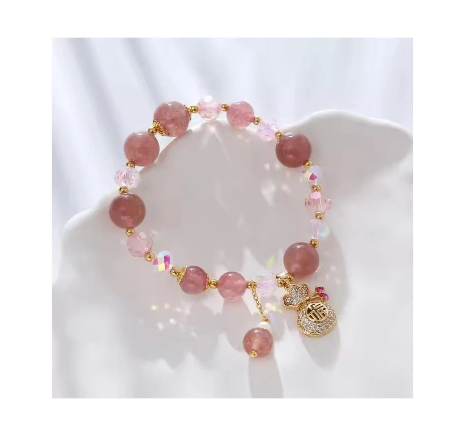 Fashion Sweet Natural Beaded Pink Strawberry Charm Bracelet Crystal Healing Beaded Bracelet for Women Friendship Jewelry