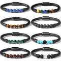 Popular Factory Supply Wholesale 8 mm Colorful Natural Stone Bead Magnetic Leather Bracelet for Mens Women