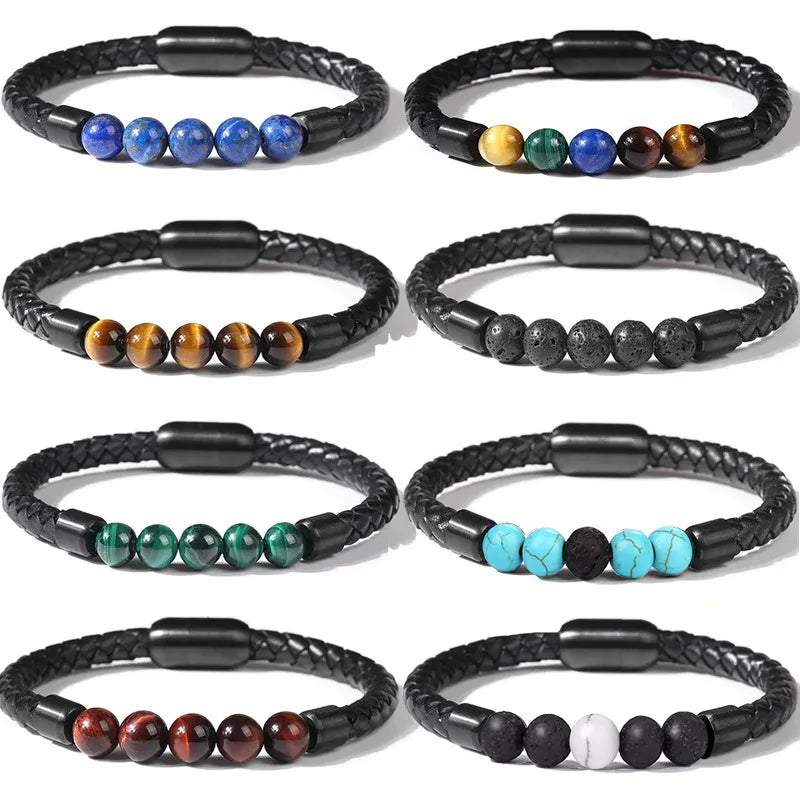 Popular Factory Supply Wholesale 8 mm Colorful Natural Stone Bead Magnetic Leather Bracelet for Mens Women