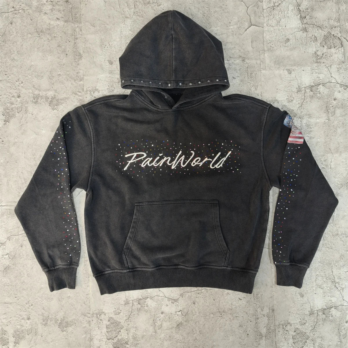 OEM Y2k Streetwear Custom Rhinestone Vintage Acid Washed Screen Print Pullover Hoodie for Men