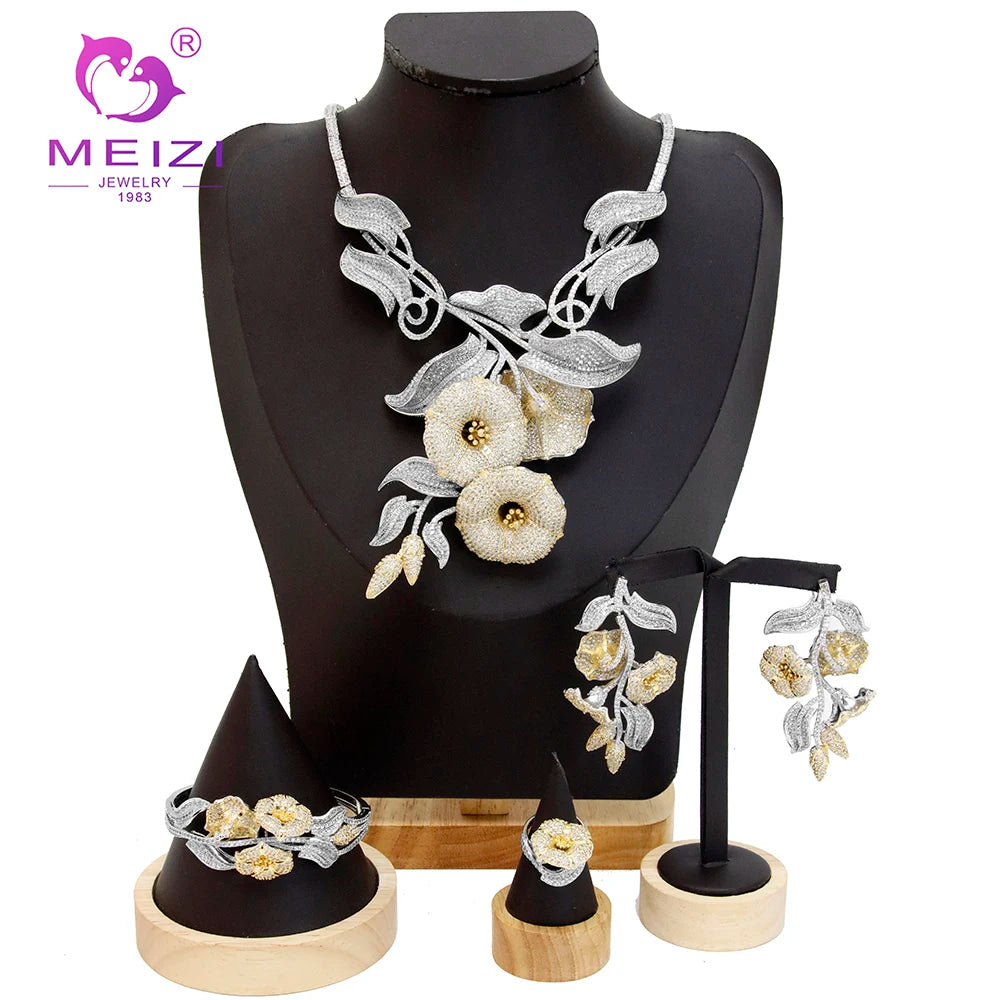 MEIZI Luxury Cubic Zircon Necklace Jewelry Sets for Women Bridal Charm Crystal Wedding Engagement Bride Accessories for Gifts