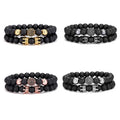 2Pcs/Set Black Frosted Stone Beaded CZ Balls Double Crown Charm Bracelets for Male 8mm Matte Black Glass Stone Bracelet Jewelry