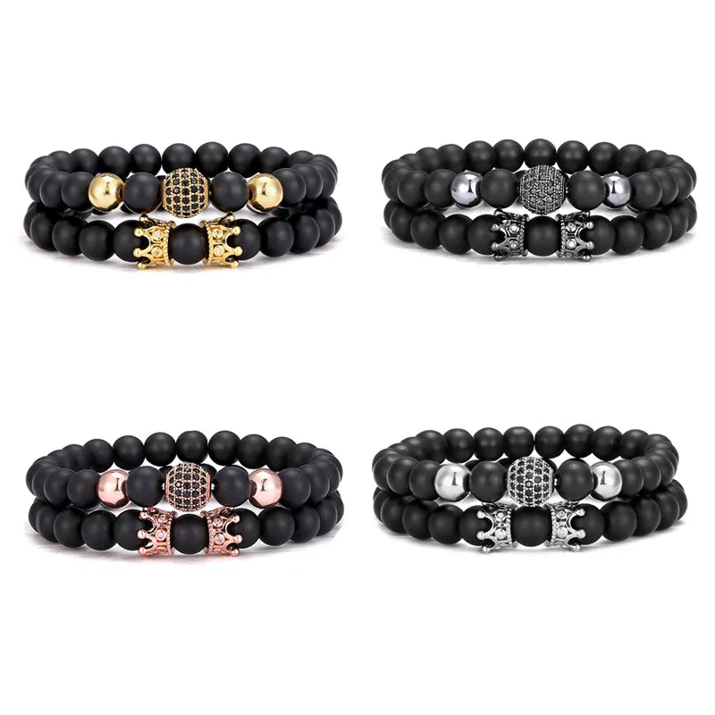 2Pcs/Set Black Frosted Stone Beaded CZ Balls Double Crown Charm Bracelets for Male 8mm Matte Black Glass Stone Bracelet Jewelry