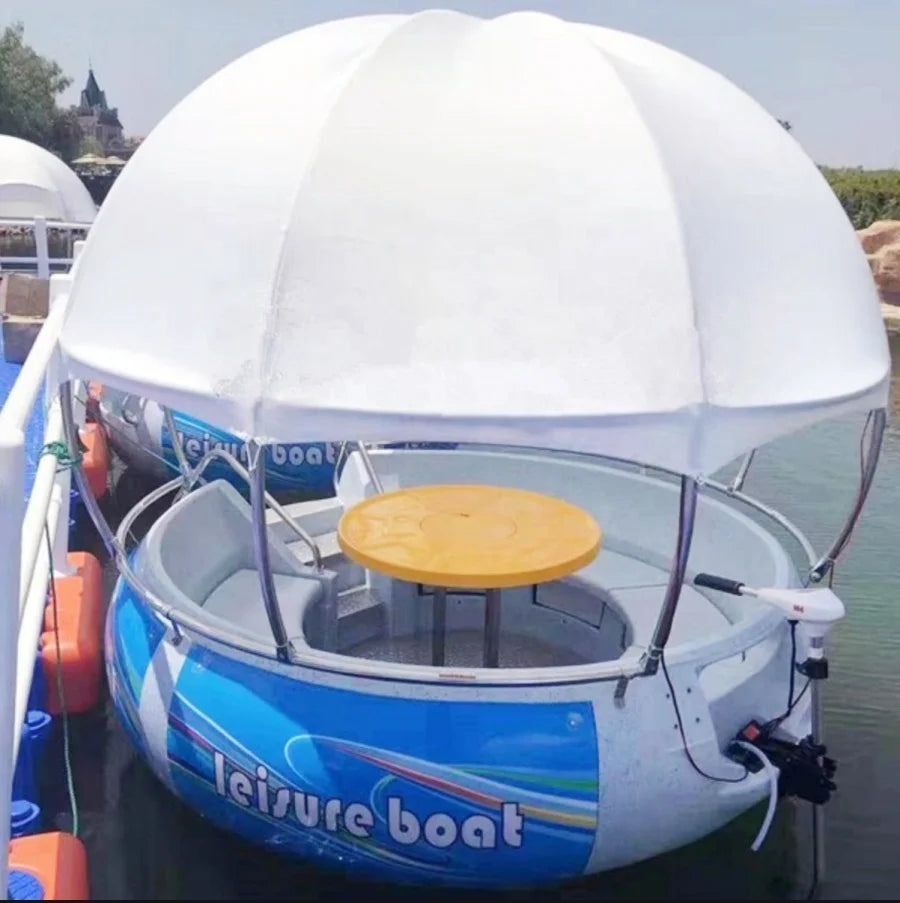 China LLDPE Material Bbq Donut Boat with Dome Top Beautiful Light Boat Used in Night Led Light Flash Boat with Dinner Table MegaBDM