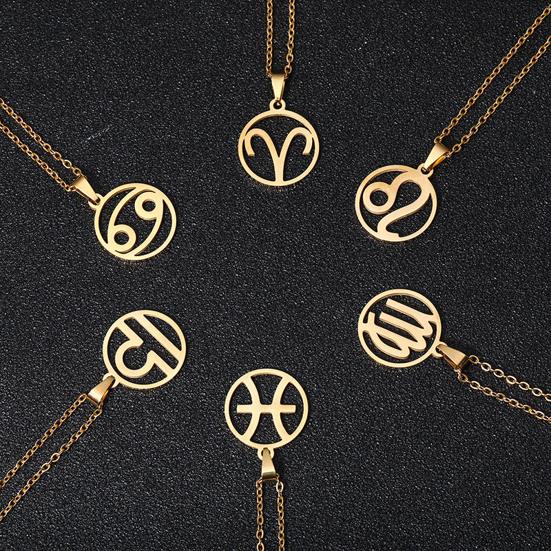 Wholesale Trendy Stainless Steel 12 Constellations Symbol Astrology Horoscope Star Jewelry Gold Plated Zodiac Sign Pendant Link