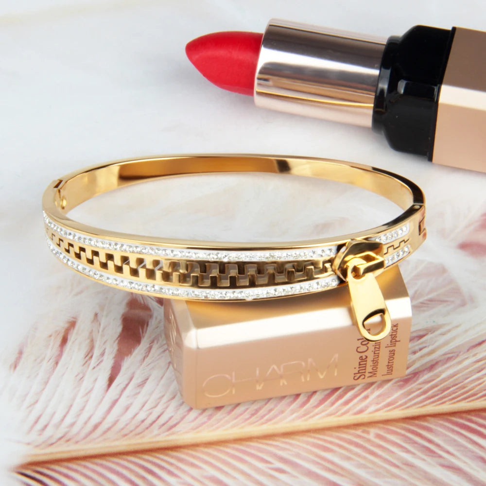 18K Gold Stainless Steel Bracelet Diamond Inlay New Design Zipper Head Trendy Fashion Charm Unisex Jewelry Gift for Anniversary