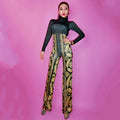 Mono Mujer Sexy Long Sleeve Leaves Crystal Leotard Bodycon Romper One Piece Spandex Bodysuit Party Club Wide Leg Jumpsuit Women