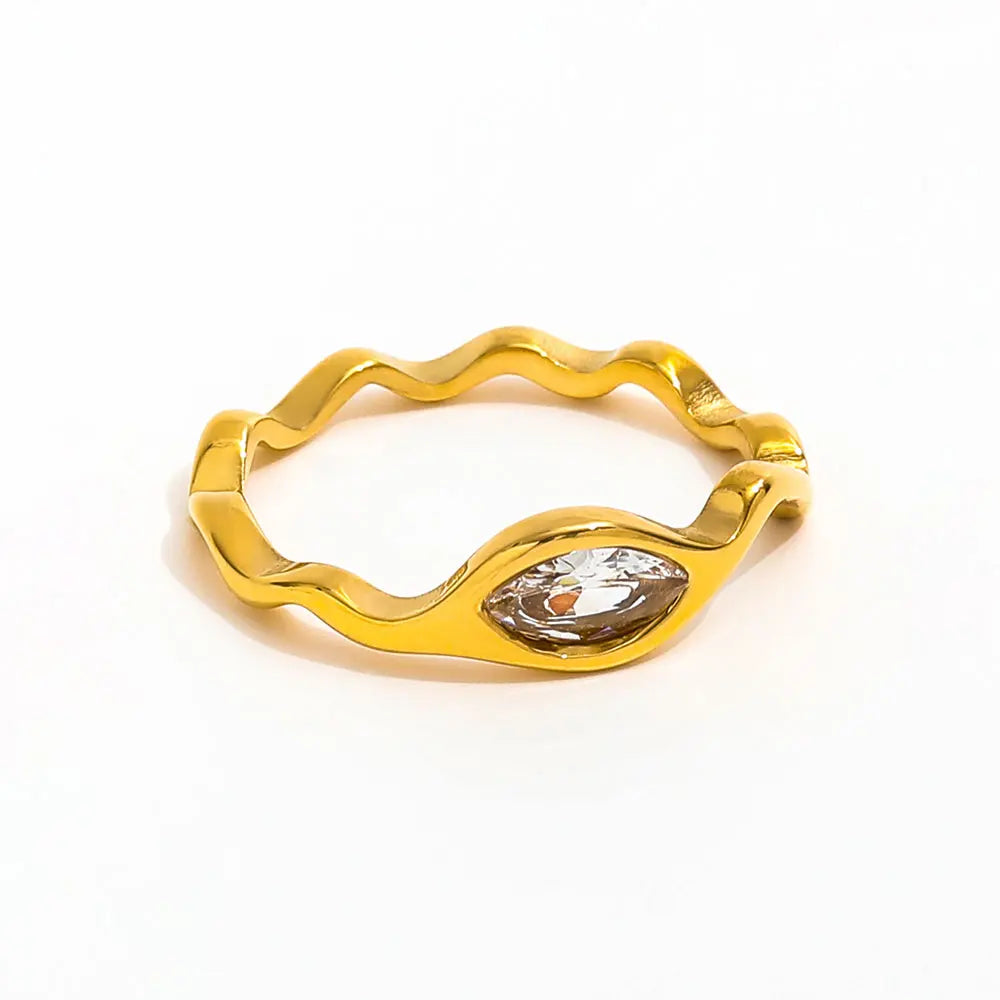 Joolim Jewelry Wholesale 18K Gold Plated Eye Zirconia Waved Lines Stainless Steel Rings for Women Dainty Rings