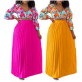 MG3262 Latest Design Skirt and Top Set for Women V-neck Printed Blouse + Pleated Long Skirts Set 2 Piece Outfits for Women
