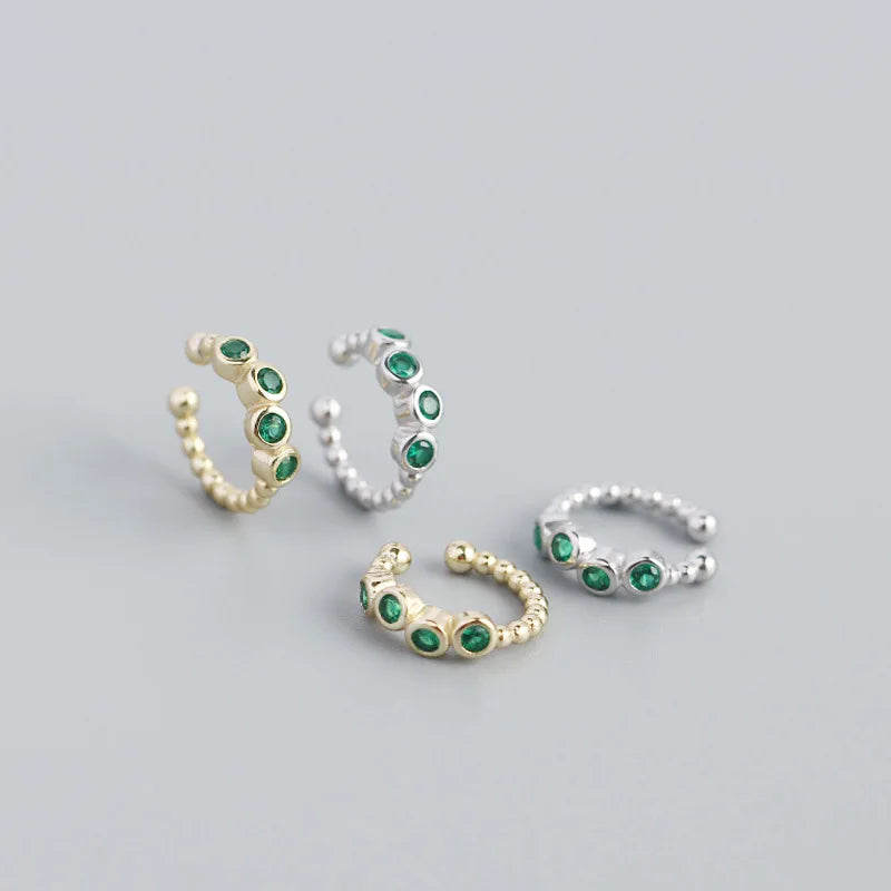 925 Sterling Silver Shiny Green Zircon No Piercing Clip Earrings for Women Party Vintage Rock Ear Cuff Jewelry Gifts