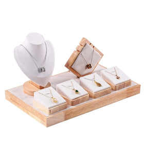 Beige Suede Simple Jewelry Store Natural Wood Microfiber Jewelry Set Display Stand Prop