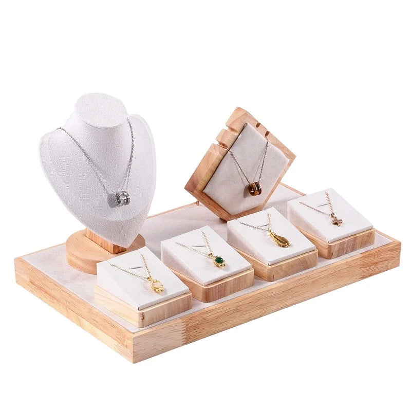 Beige Suede Simple Jewelry Store Natural Wood Microfiber Jewelry Set Display Stand Prop