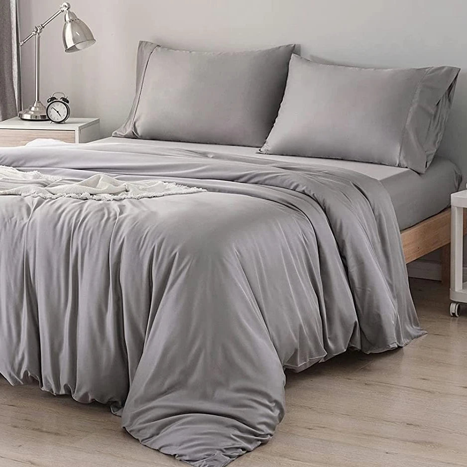 Gray Color 300 Thread Count Organic Bamboo Fabric Bed Sheet Set and Bamboo Duvet Cover
