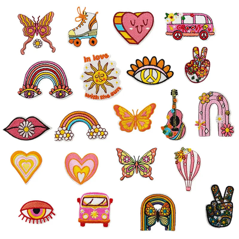 Iron on Embroidery pink Heart Bus Peace Sign rainbow Eyes Guitar Patch for  Clothes Hat Decoration