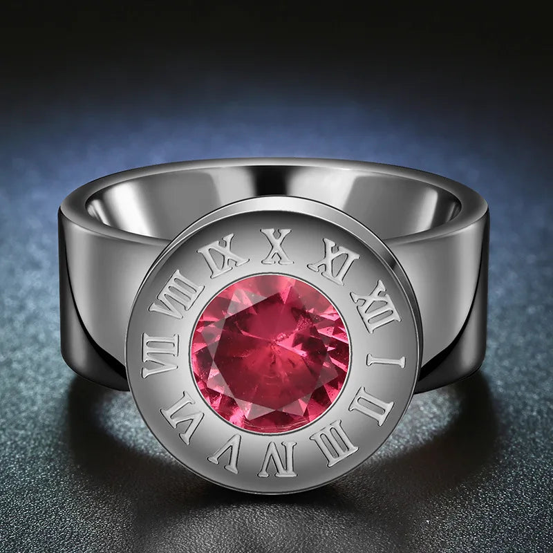 Diy Zircon Stainless Steel Roman Numbers Birthstone Ring for Women Men