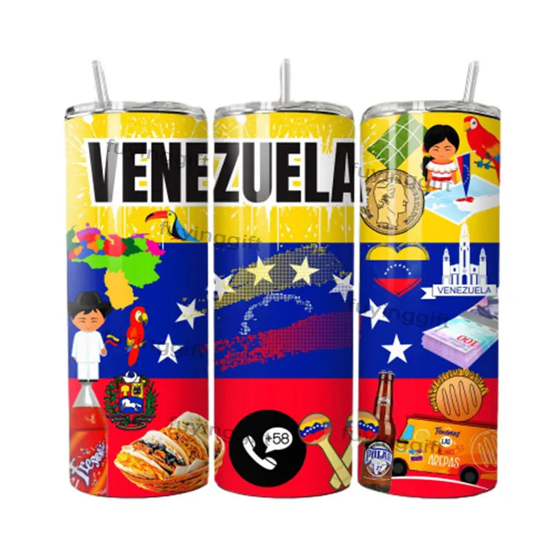 Personalized Custom 20oz Venezuela Colombia Dominican Panama Flag Pride Skinny Stainless Steel Tumbler Cup with Straw and Lid