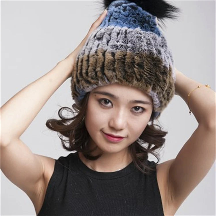 Real Rabbit Fur Hat Female Thick Warm Winter Hats for Women Fashion Luxury Knitted Beanie With Fur Pompom