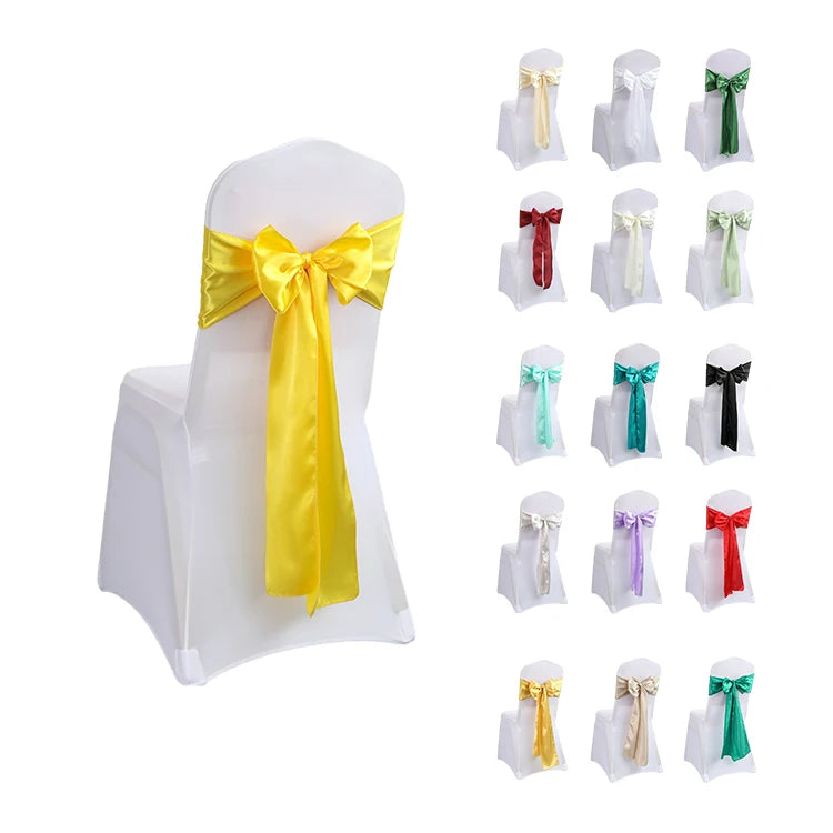 Custom White Satin Bow Flower Gold Colour 100 Pcs Chair Back Sashes Strap for Wedding