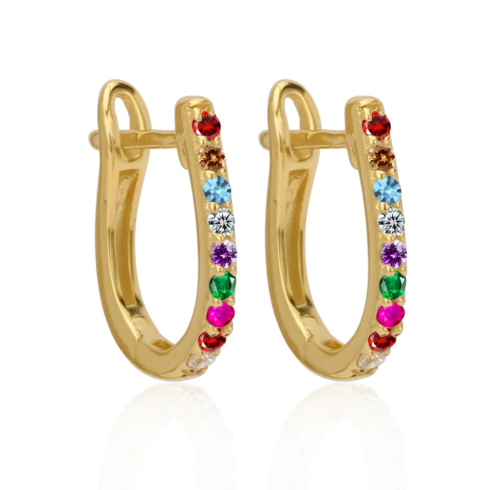 Fine Jewelry 925 Sterling Silver Rainbow Gold Plated Rose Red Blue Jewelry Rainbow Zircon Huggie Hoop  Earrings