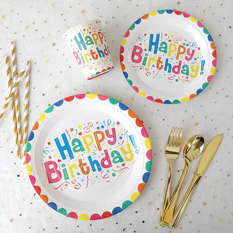 10pcs/set 7 Inch 9 Inch Eco-Friendly Paper Cardboard Happy Birthday Party Disposable Tableware Set Forks Knives Spoons Cups