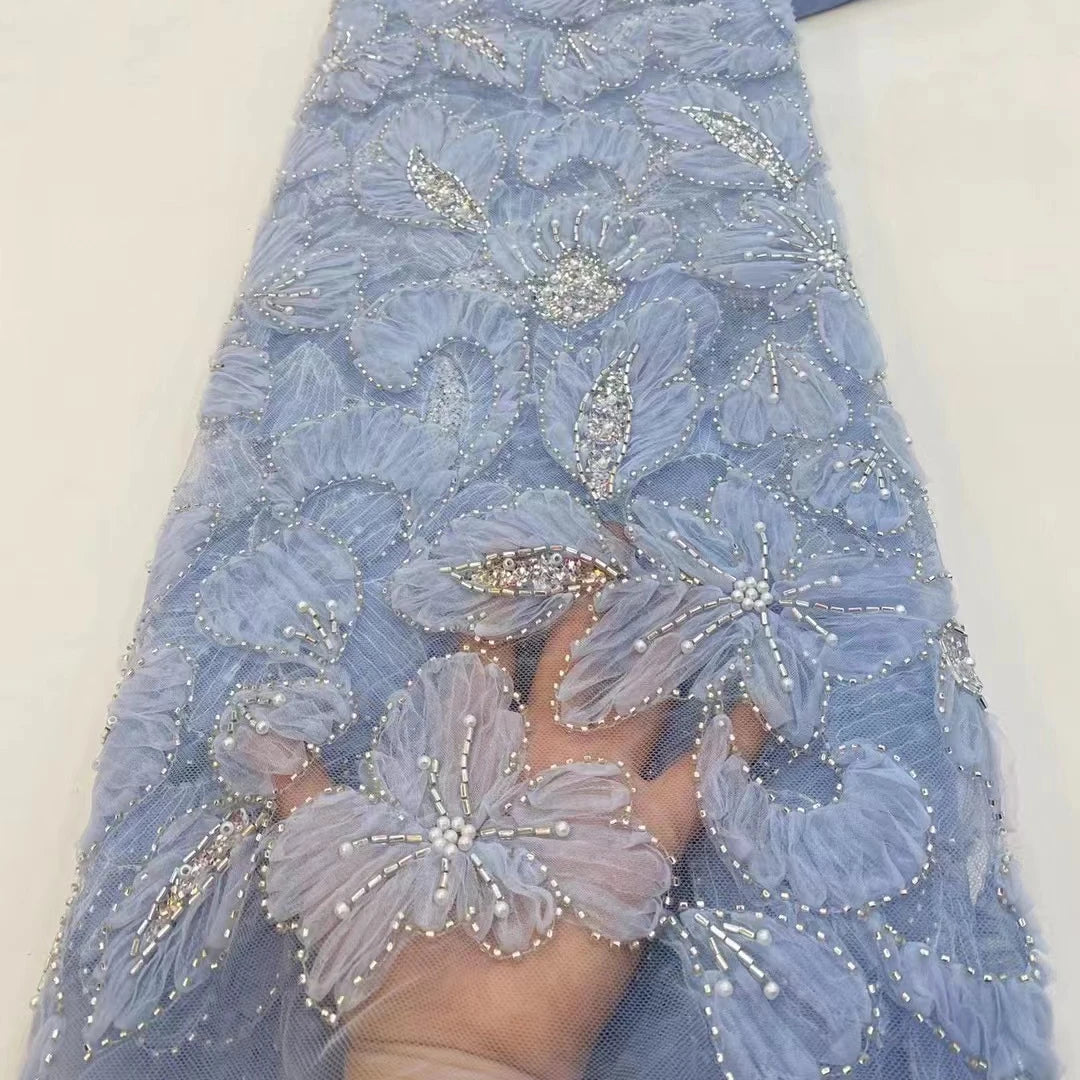 Wholesale Eco-Friendly Blue Flower Sequin Beads French Tulle Lace Fabric 5 Yards