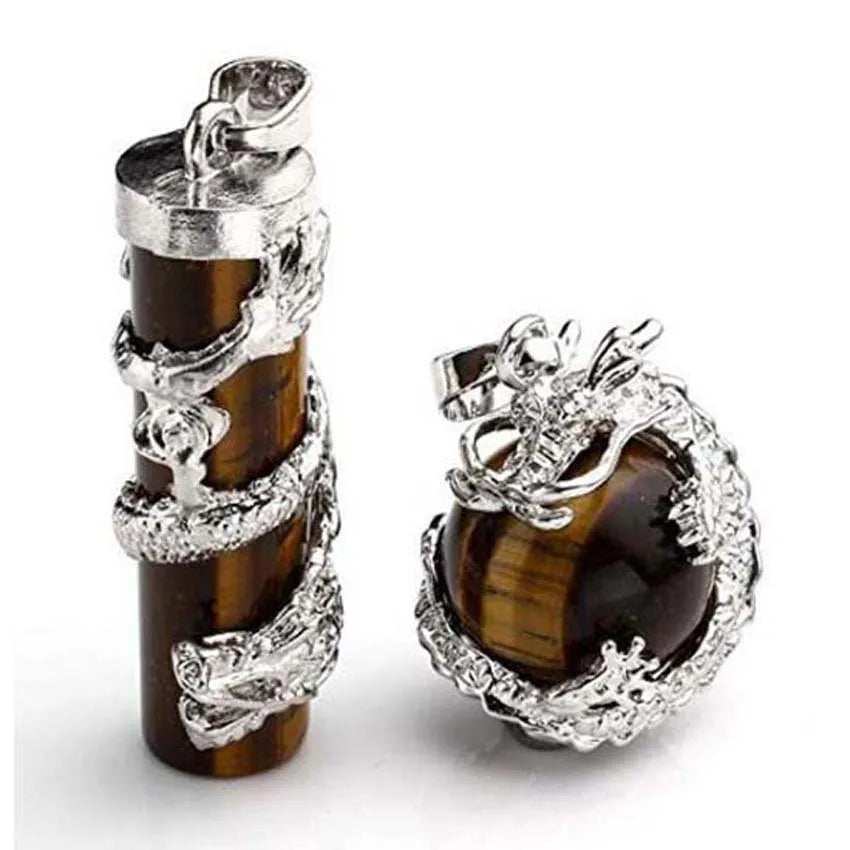 HZ New Fashion Silver Dragon Wrapped Round Ball+ Cylinder Tiger eye Gemstone Necklace Pendant Jewelry