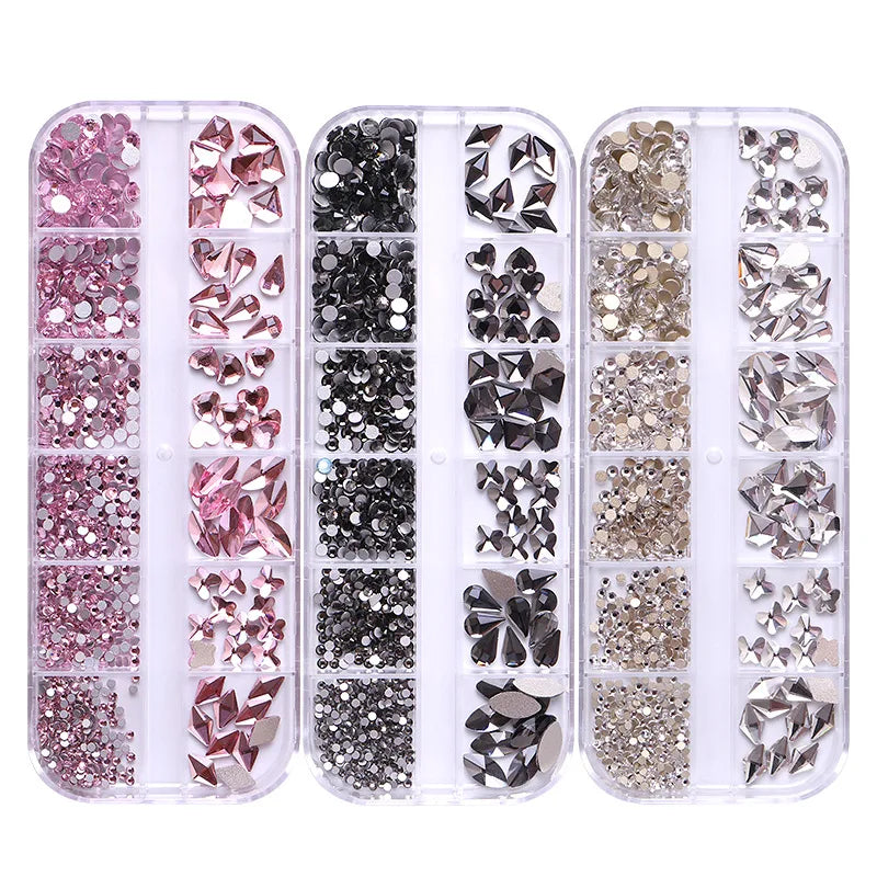 Mixed Size 3D AB Nail Art Rhinestones Decorations Flatback Glass Crystal Diamond Stone 12 Grids