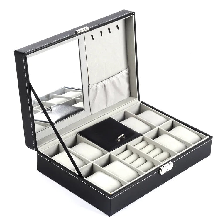 Peculiar Watch Box 8+2 Slot Black Pu Leather Watch Jewelry Box with Mirror and Velvet Pouch