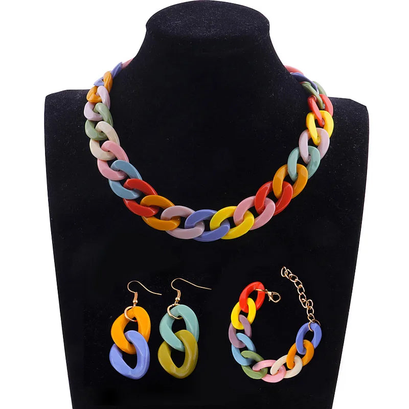 Fashion Bohemian Plastic Resin Thick Link Long Collar Necklace Acrylic Chain Choker Necklace and Earrings Jewelry Sets for Women