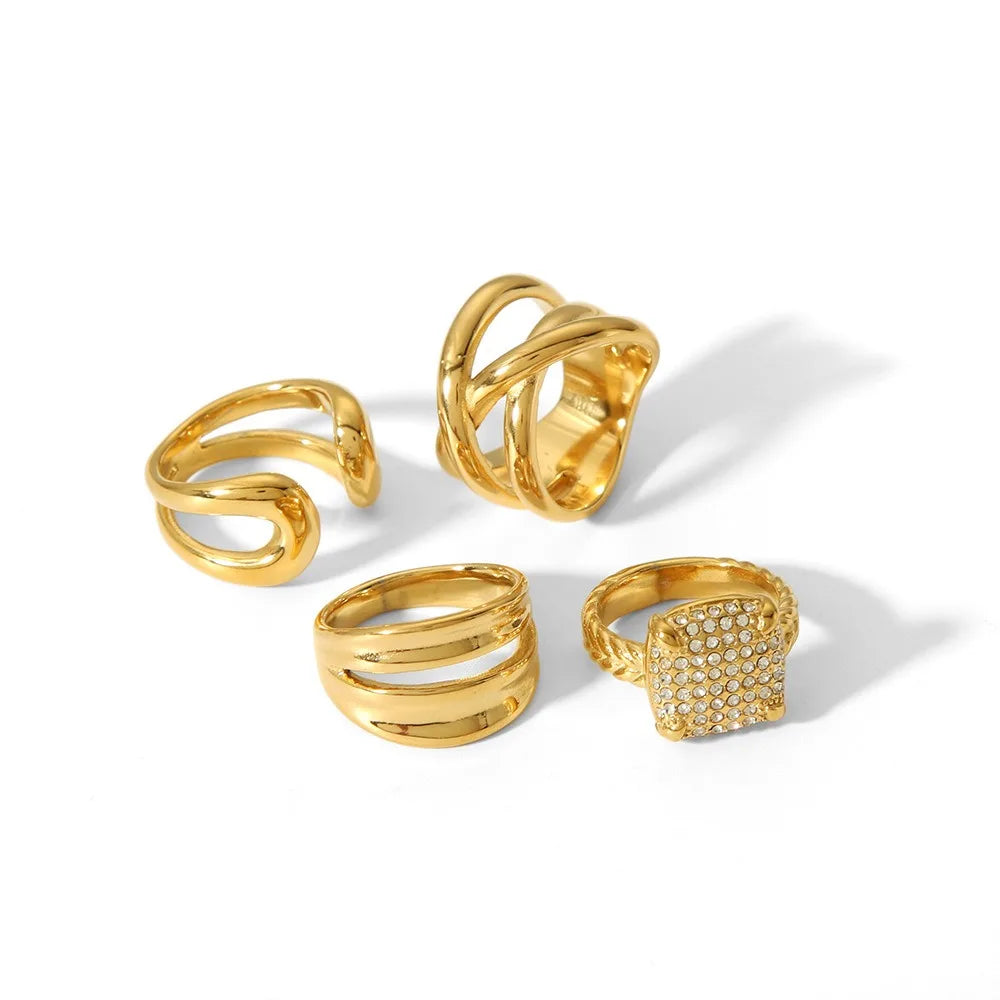 Nabest 2024 Trendy Ins Luxury Jewelry 18k Gold Hollow Stripe Geometric Zircon Adjustable Ring for Women