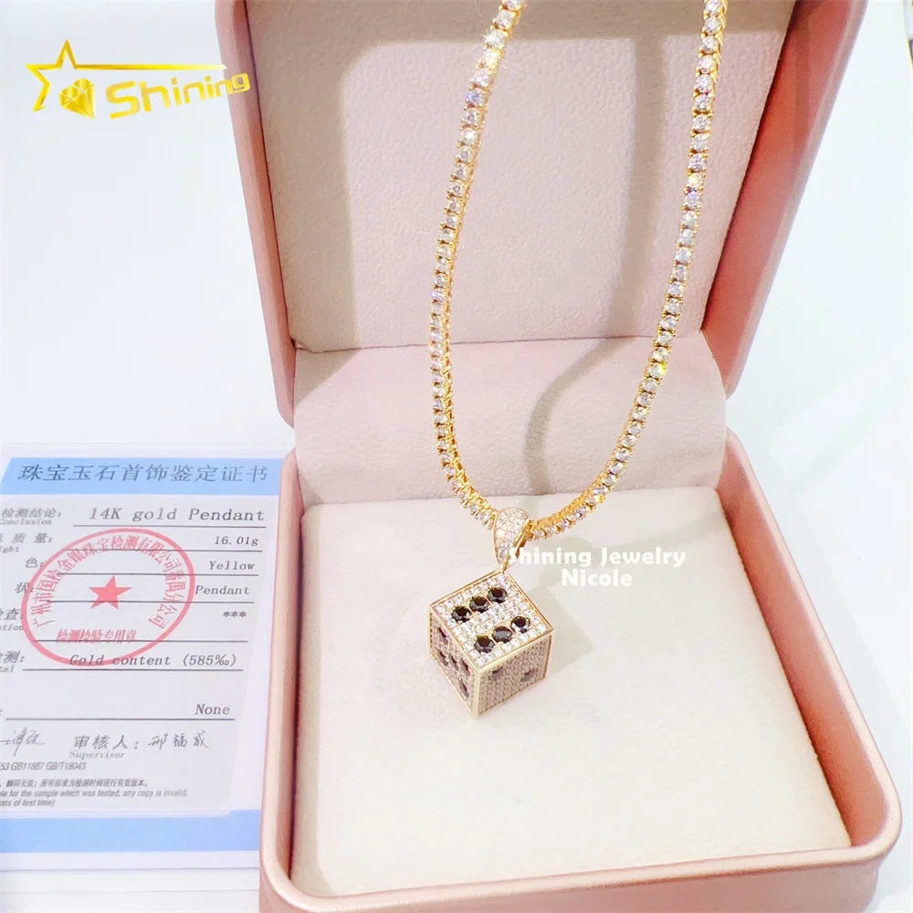 Custom Fashion Design Rotatable Dice Black Diamond Iced Out Hip Hop 14k Real Gold Moissanite Pendant