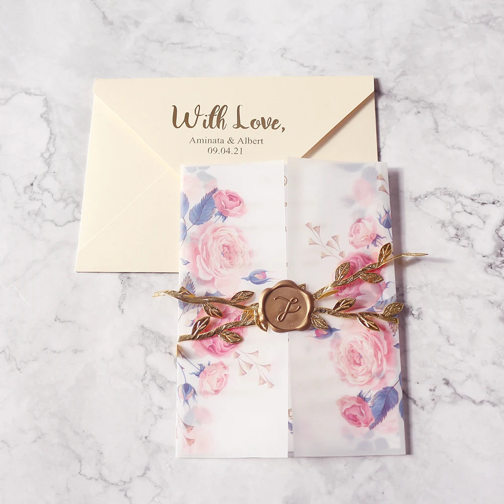 Rose Color Printing Butter Paper Floral with Wax Printing Wedding Invitation Card Holiday Greeting Cards