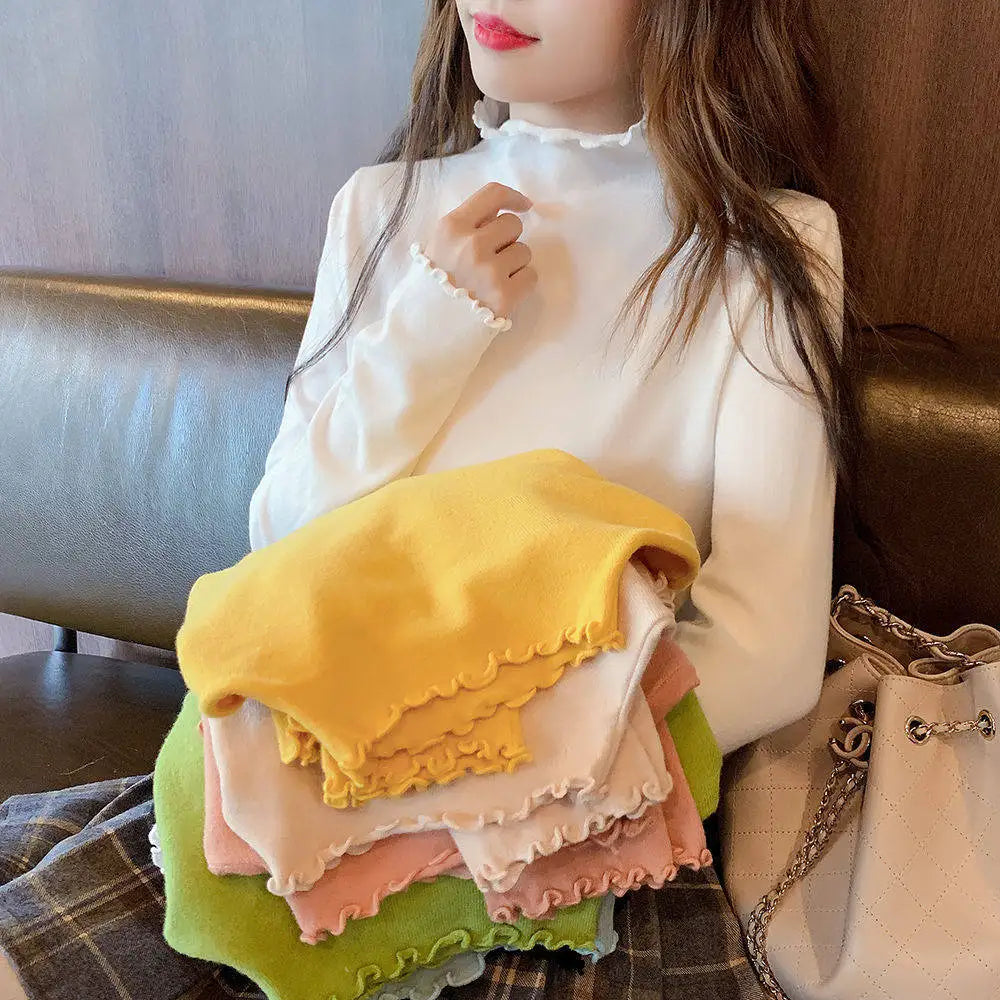 New Autumn Winter Women Casual Solid Loose Long Sleeve Ruffles Half Turtleneck T-Shirts Lady Girls Basic T Shirts Tops Solid Top