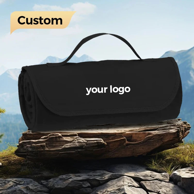 Customized Logo Anti-pilling Rolled Fleece Travel Blanket With Carry Strap Roll up Picnic Blanket Travel Blanket