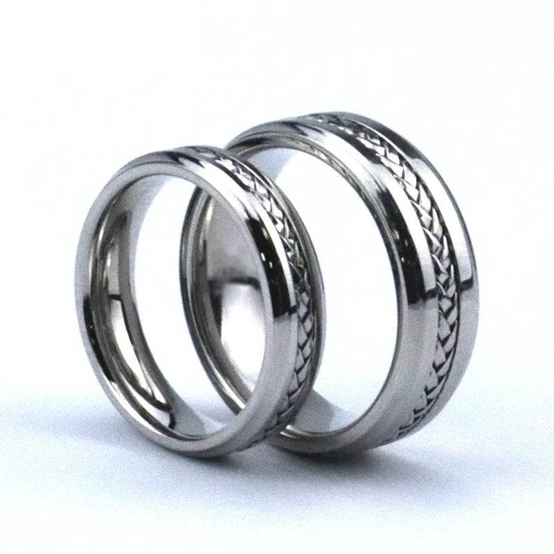 Polishing Steped Silver Titanium Wedding Band Braided Flat Cable Inlay Couple Matching Rings