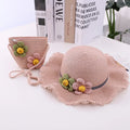 Summer Children Cute Flower Decoration Sun Fisherman Straw Hat Girls Big Brim Bucket Hat Bag Set