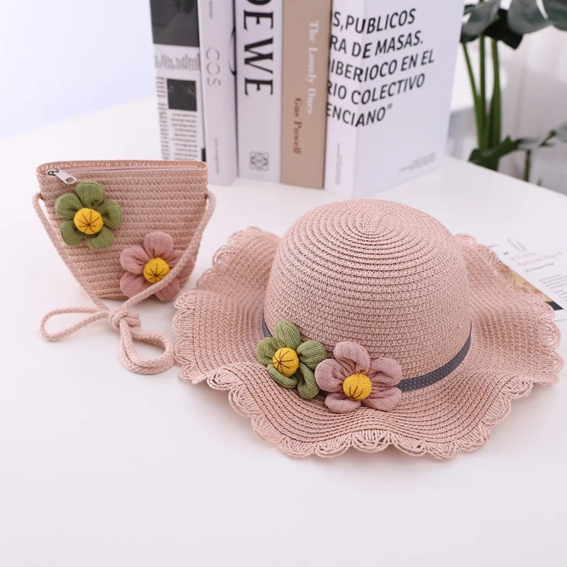 Summer Children Cute Flower Decoration Sun Fisherman Straw Hat Girls Big Brim Bucket Hat Bag Set